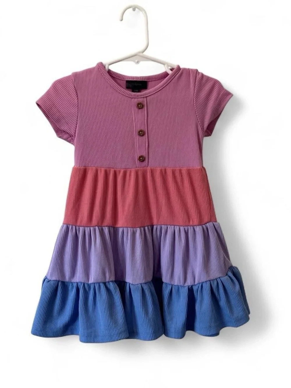 18M Girl Short Sleeve Dress Color Block Ribbed Knit Ruffle Hem Picapino EUC